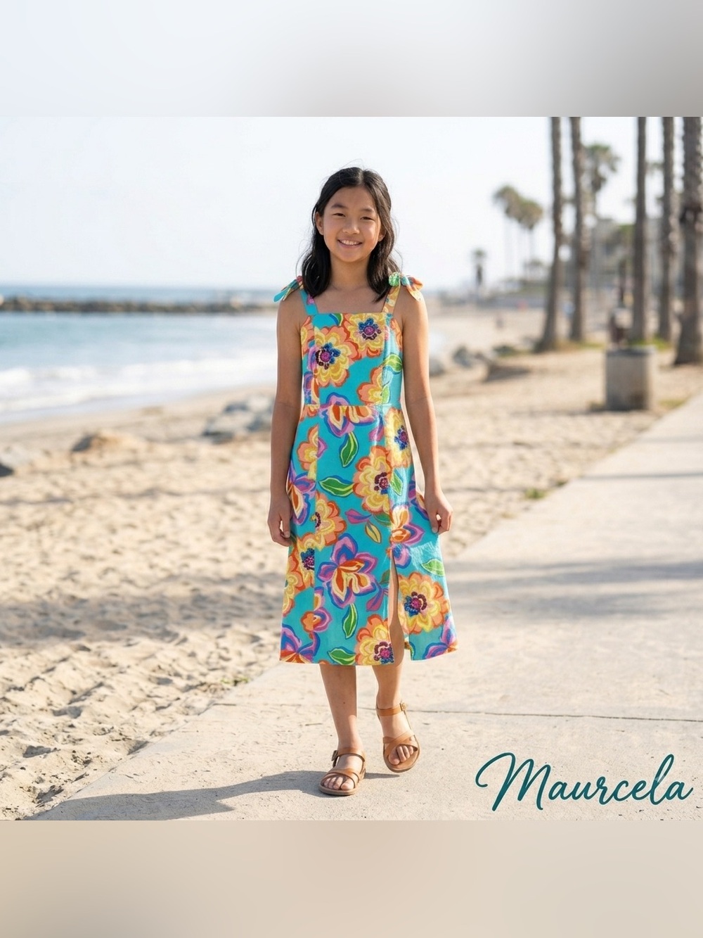 GB Girls Aqua Blue Floral Bow Strap Smocked Midi Dress